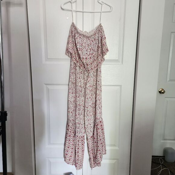 Japna Strapless Wide Leg Jumpsuit Ruffles Cream Red Floral Flare Smocked Size S - Picture 3 of 13
